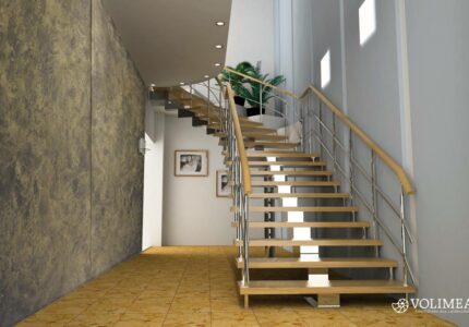 wandwerk volimea Flur mit Holztreppe Schiefer gold