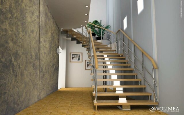wandwerk volimea Flur mit Holztreppe Schiefer gold